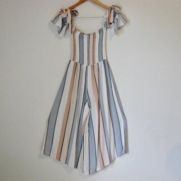 Wide Leg Jumpsuit Smocked Top Striped Off Shoulder Ocean Drive Beach Medium - Picture 1 of 10